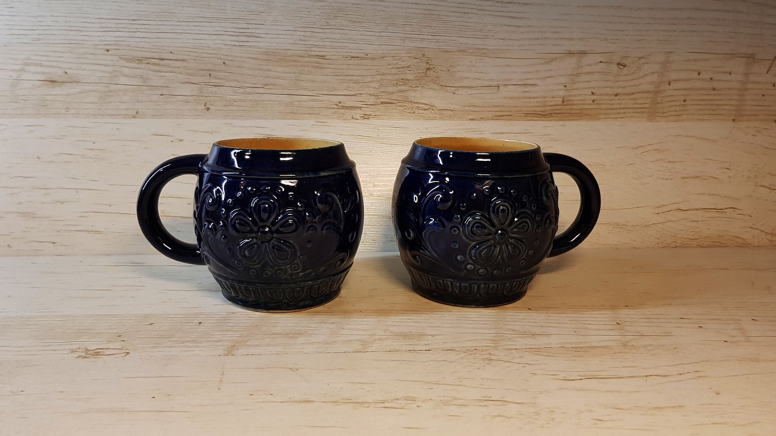 Set of Two Vintage Ceramic/ Pottery/ Earthenware/ Majolica Dark Blue Mugs/ Handled Cups, Handmade and Hand Painted, Marked G 230, #15