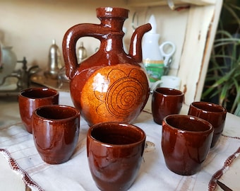 1970's-80's, Ceramic set - Mini Pitcher/Decanter with Six Shot Cups, Handmade,Hand Painted#5