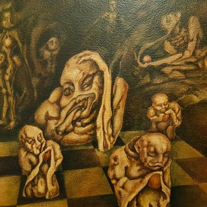 Lata 80. I. Isaev, Olej na desce Surrealistyczny obraz „Szachiści” w kolorach brązowym i sepii, sygnowany