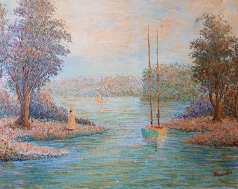 Mid century, Impressionist Oil Painting &quot;Lake&quot;, landscape, signed