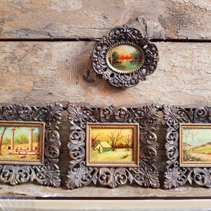 Early 20th Century, Set of Four Antique Miniature Oil Paintings in Bronze/ Brass Baroque Frames
