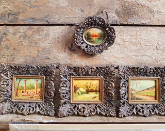 Early 20th Century, Set of Four Antique Miniature Oil Paintings in Bronze/ Brass Baroque Frames