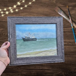 8x10 Framed Watercolor Painting, Shrimp Boat on Shore | Echoes of the Wild Coastal Collection