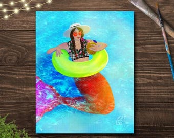 Just Floating Art Print - Mermaid Floating in a Pool - Mermay 2024 Original Illustration - 8x10” Fantasy Artwork