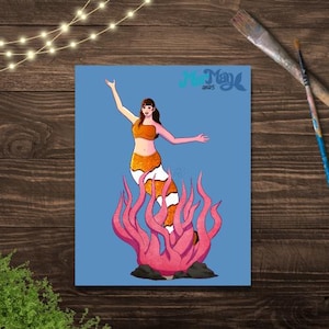Clownfish Mermaid Art Print – 5x7 Cute Mermay Ocean Art – Anemone Mermaid Wall Decor – Fantasy Sea Creature Illustration – Satin Photo Paper