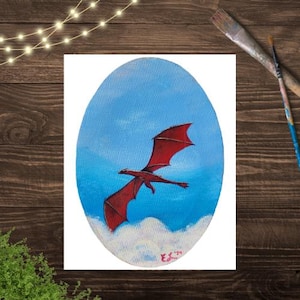 Daily Flight Art Print – 8x10 Pink Dragon Acrylic Painting – Soft Fantasy Cloudscape Wall Art – Iridescent Sky Dragon Print – Whimsical Art