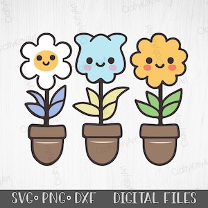 Fröhliche Blumen in Töpfen PNG Clipart. Blumen Clip Art. Blumen SVG. Florales Blumen-Set. Baby / Geburtstag / Kind / Kindergarten / Digitale Blumenaufkleber bündel.