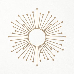 May include: A gold sunburst design with a circle in the center. The design is on a white background.