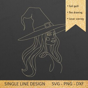 Può includere: Un disegno a linea singola di una strega con un cappello a punta e capelli lunghi. L'immagine è in oro su sfondo nero. Il testo "Foil quill", "Pen drawing" e "Laser scoring" è elencato sul lato destro dell'immagine.