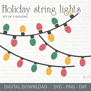 May include: Set of three designs for holiday string lights. The lights are in red, yellow, and green. The lights are strung on a black wire.