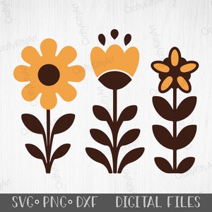 Archivos SVG PNG DXF de flores silvestres. Girasol y campanilla. Conjunto de imágenes prediseñadas florales. Paquete de pegatinas florales digitales para granjas, casas de campo, cumpleaños, niños, guarderías y fiestas.