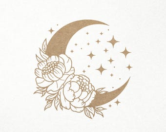 Blommig måne Svg. Halvmåne med pionblommor Svg. Digitala SVG PNG DXF-filer för Cricut Silhouette laserskärning. Himmelskt, Boho, Stjärnor