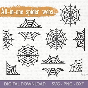 Puede incluir: Un conjunto de diez archivos de corte SVG de telaraña en blanco y negro. Las telarañas son de varias formas y tamaños, incluyendo una telaraña completa, una media telaraña y una telaraña de esquina. El texto "All-in-one spider webs" está en la parte superior de la imagen. El texto "DIGITAL DOWNLOAD SVG. PNG. DXF" está en la parte inferior de la imagen.