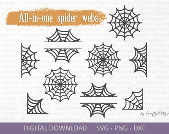 Puede incluir: Un conjunto de diez archivos de corte SVG de telaraña en blanco y negro. Las telarañas son de varias formas y tamaños, incluyendo una telaraña completa, una media telaraña y una telaraña de esquina. El texto "All-in-one spider webs" está en la parte superior de la imagen. El texto "DIGITAL DOWNLOAD SVG. PNG. DXF" está en la parte inferior de la imagen.