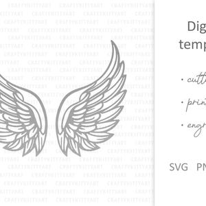 Puede incluir: Una plantilla digital de un par de alas, adecuada para cortar, imprimir o grabar. La plantilla est&aacute; disponible en los formatos SVG, PNG y DXF.