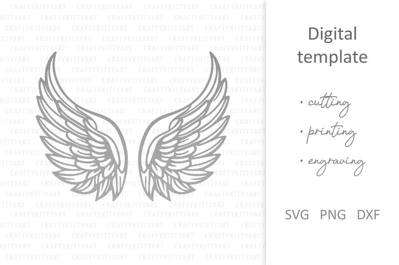 Puede incluir: Una plantilla digital de un par de alas, adecuada para cortar, imprimir o grabar. La plantilla est&aacute; disponible en los formatos SVG, PNG y DXF.
