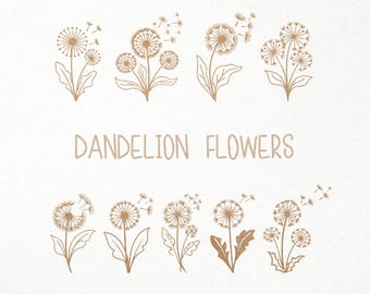 May include: A set of nine line drawings of dandelion flowers in various stages of bloom and seed dispersal. The drawings are in a light brown color and are arranged in two rows on a white background. The text "DANDELION FLOWERS" is centered below the drawings.
