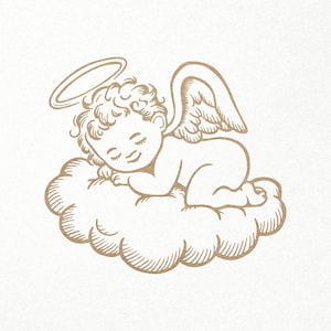 May include: A line drawing of a sleeping angel with a halo, wings, and a cloud. The angel is depicted in a peaceful slumber, with its eyes closed and its head resting on its arm.