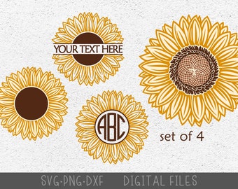 May include: Set of four digital files for crafting, featuring a sunflower design.  The designs include a sunflower with a blank circle for text, a sunflower with a circle for initials, and two sunflowers with a solid brown center.