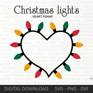 May include: A heart-shaped frame made of Christmas lights. The lights are red, green, and yellow. The text "Christmas lights" and "Heart Frame" is above the frame. The text "by Crafty Kitty Art" is in the bottom right corner.