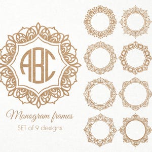 Monogramm Rahmen Bundle. Verzierter dekorativer Kreis runder Spiegelrahmen svg Digitales SVG PNG DXF für Cricut/Silhouette. Hochzeit, Floral, Boho