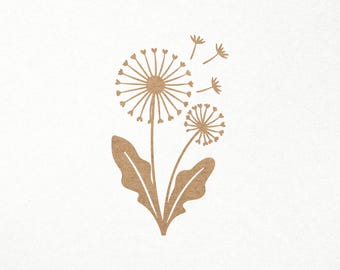 May include: A brown silhouette of a dandelion with two flower heads and leaves. The flower heads have seeds that are blowing away in the wind.