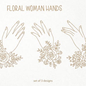 Conjunto de SVG de manos de mujer con flores. SVG, PNG, DXF digitales para corte de silueta en Cricut. Flores silvestres, primaverales, bohemias, estéticas y señales de mano.