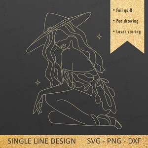 May include: Line art illustration of a woman wearing a witch hat and a flowing dress. The image is in gold on a black background. The text "Single Line Design SVG PNG DXF" is at the bottom of the image.