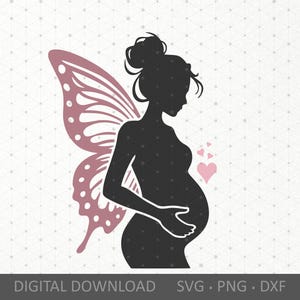 Silhueta de mulher grávida Svg. Gravidez Svg. Futura mãe Svg. Arquivos digitais SVG PNG DXF para Cricut, Silhueta. Asa de borboleta / Amor / Coração
