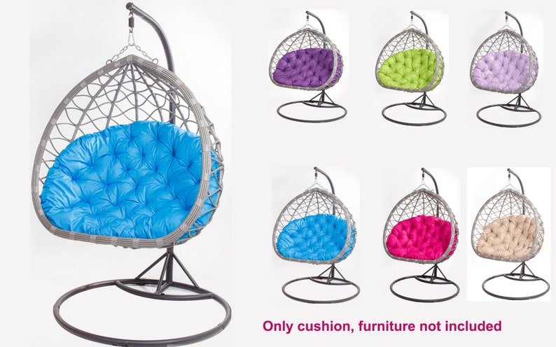 May include: A hanging chair cushion in various colors, including blue, purple, green, pink, and beige. The cushions are designed to fit a hanging chair frame, with a tufted design. The image shows multiple color options.