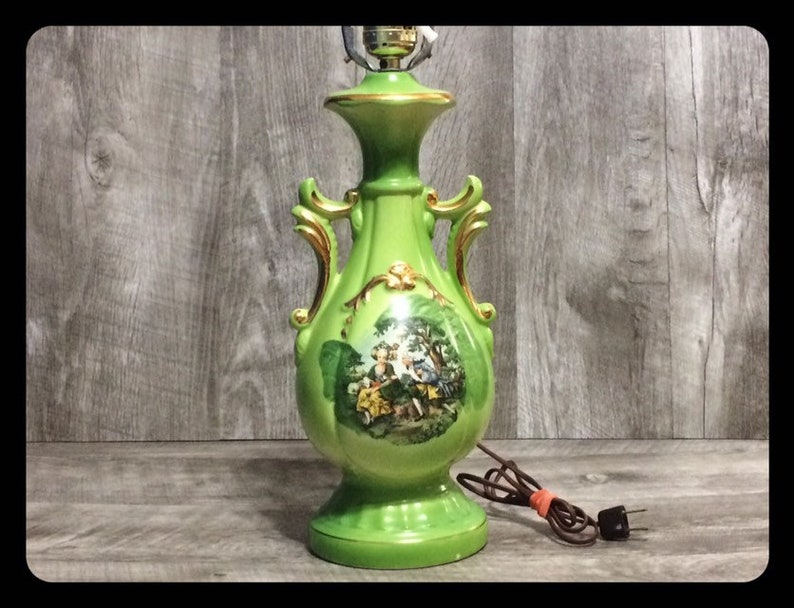 Vintage midcentury modern ceramic table lamp green and gold painted,vintage lighting,vintage table lamp,cute vintage lamp