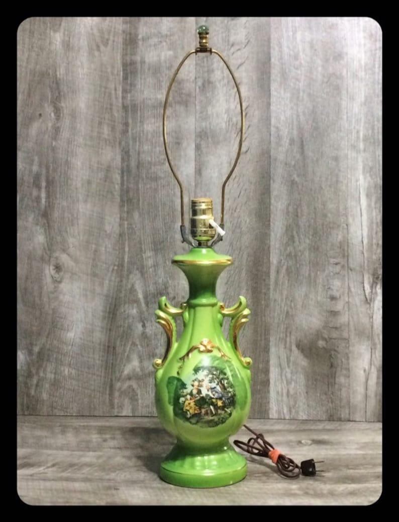 Vintage midcentury modern ceramic table lamp green and gold painted,vintage lighting,vintage table lamp,cute vintage lamp