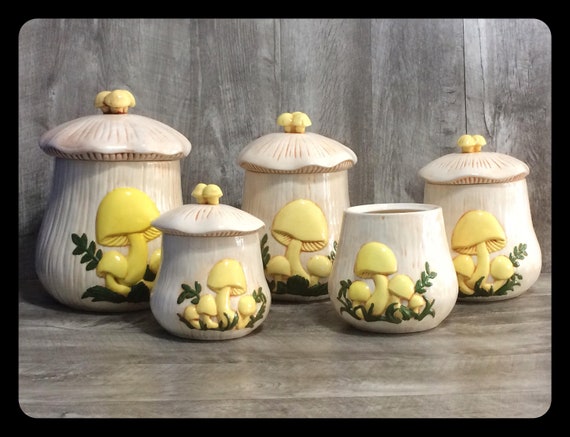 Cute Mushroom Vintage Ceramic Kitchen Canister Set Of 5 Hand Etsy