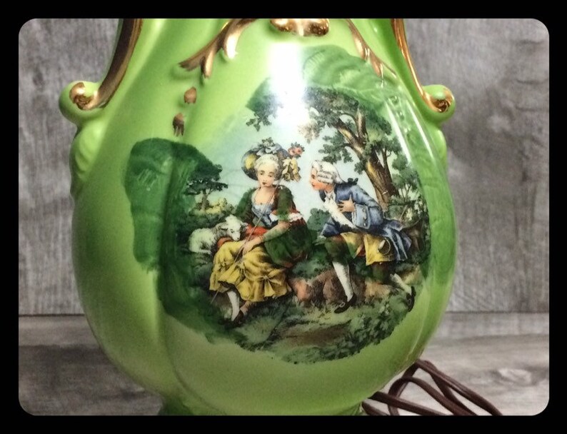Vintage midcentury modern ceramic table lamp green and gold painted,vintage lighting,vintage table lamp,cute vintage lamp