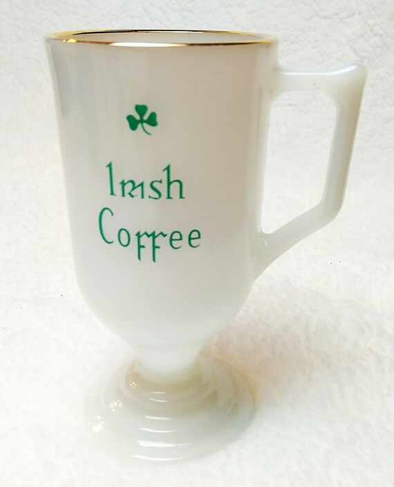Federal Milk Glass Pedestal Gold Rim w Shamrock Design VTG 2 Irish Coffee Mugs