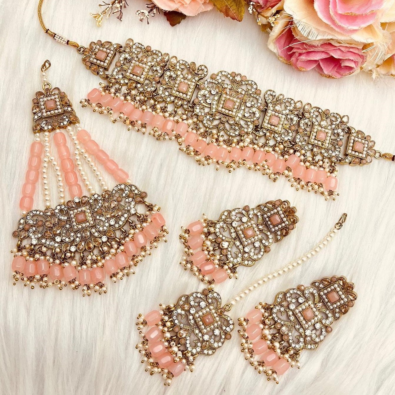  SANARA Ethnic Indian Kundan Choker Necklace, Earrings with  Tikka Jewelry For Women & Girls Traditional Bridal Pink Pearl Set of 3 Pcs  Complete Jewelry Set: Clothing, Shoes & Jewelry