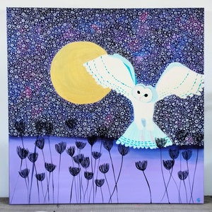 The Freedom Of The Night: Original Abstract Owl Painting, Expressionist Landscape Art, 24 x 24 inch