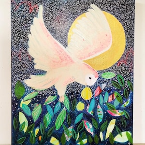 Moonlight Dancing: Original Abstract Owl Painting, Expressionist Art, 20 x 24 inch
