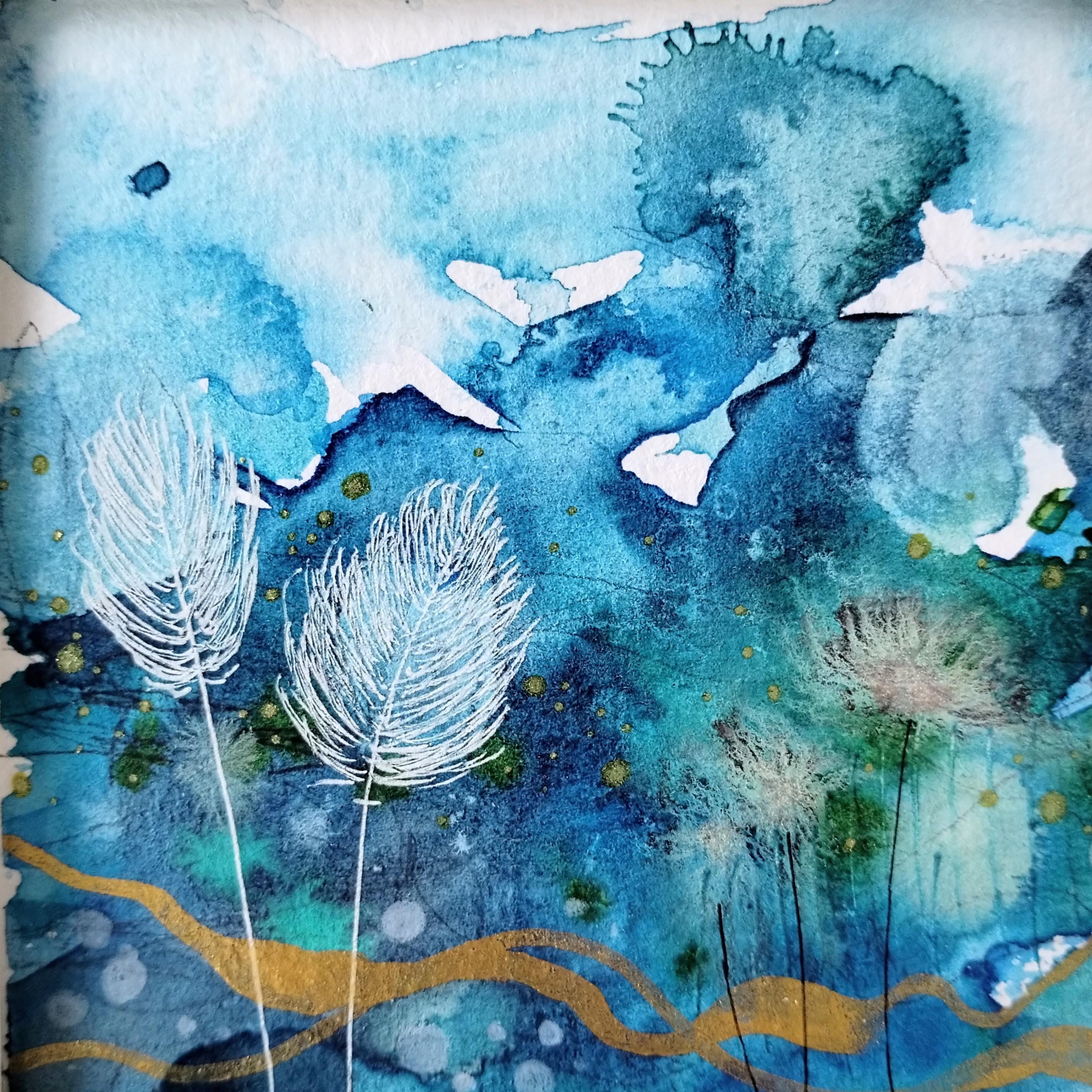 吸い込む、吐く #1：オリジナル抽象水彩画、青い風景画、4 x 4インチ