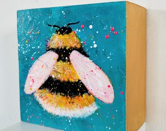Bee #1: Bumblebee Painting, Original Acrylic Art on Cradle Board, 4 x 4 inch