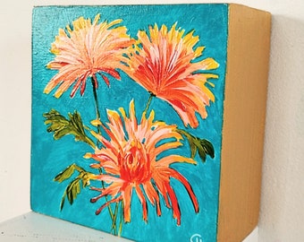 抽象的な花の絵画、赤とオレンジの花のアート（6x6インチ）額装済み