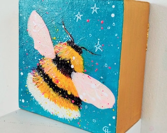 Bee #2: Bumblebee Painting, Original Acrylic Art on Cradle Board, 4 x 4 inch