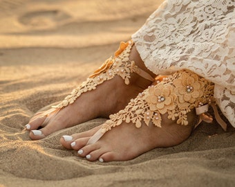Lace Barefoot Sandals Wedding, Boho Wedding Shoes, Beach Wedding Satin Foot Jewelry, Bridal Boho Wedding Shoes in Shampagne or Off White