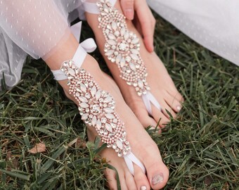 Barefoot Sandals Wedding, Opal Crystals Boho Wedding Bridal Shoes, Rose Gold Barefoot Sandals Foot Jewelry, Bare foot Sandles, Rhinstone