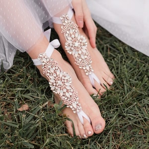 Barefoot Sandals Wedding, Opal Crystals Boho Wedding Bridal Shoes, Rose Gold Barefoot Sandals Foot Jewelry, Bare foot Sandles, Rhinstone