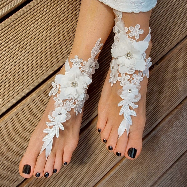 Lace Barefoot Sandals, Boho Wedding Shoes, Beach Wedding Foot Jewelry, White Bridal Footles Gladiator Shoes, Women Soleless Sandals