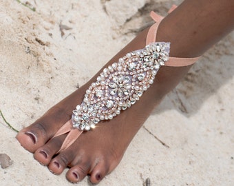 Rose Gold Beach Wedding Barefoot Sandals, Bridal Party Gift, Barefoot Bride Anklet Foot Jewelry, Belly Dance Shoes, Boho Shoes, Indian Shoes