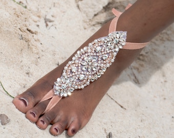 Rose Gold Crystal Barefoot Sandals: Beach Wedding Foot Jewelry