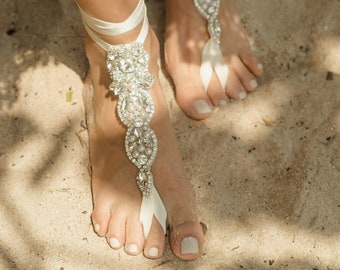 Boho Barefoot Sandals, Crystals Eloped Wedding Bridal Gift, Rose Gold Beach Wedding Foot Jewelry, Barefoot Bride Indian Jewelry, Rhinstone