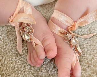 Baby Girl Barefoot Sandals, Crystal Barefoot Sandals for Boho Beach Wedding Flower Girl, Baptism shoes, Foot Thong Jewelry, Baby Shower Gift